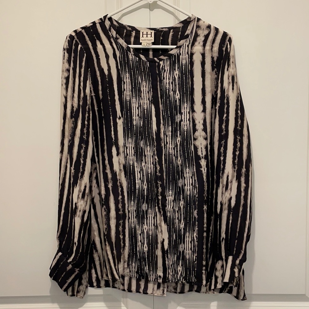Haute Hippie Pink & Black Long Sleeve Blouse in 100% Silk